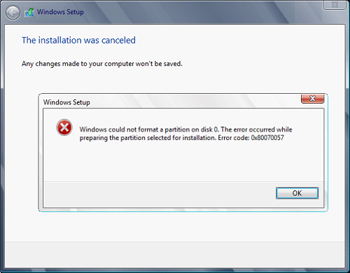 actualización de Windows 0x80070057 código de error