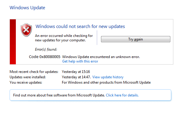 elimine el código de error de actualización de Windows 0x80080005