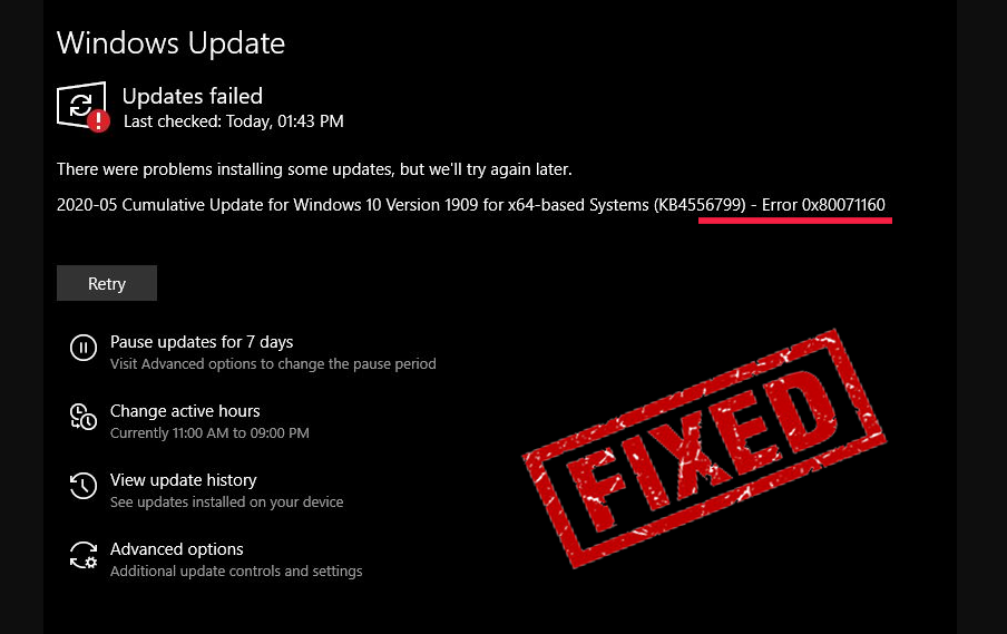 error de actualización de Windows 10 0x8007116