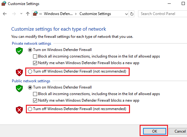Desactivar Firewall de Windows Defender (no recomendado)