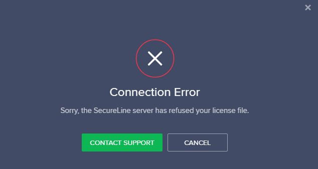 Lo sentimos, el servidor SecureLine VPN ha rechazado su archivo de licencia