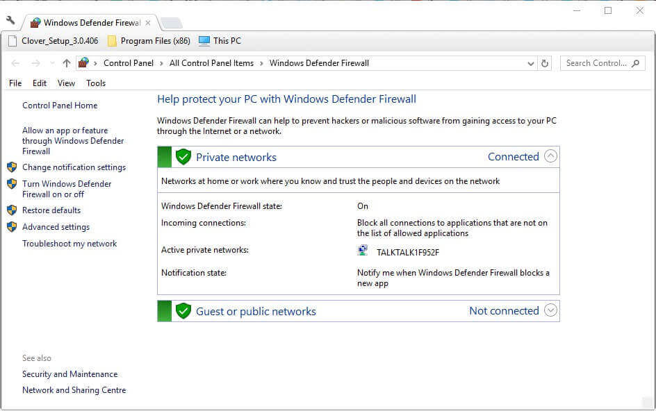 deshabilite el firewall de Windows Defender