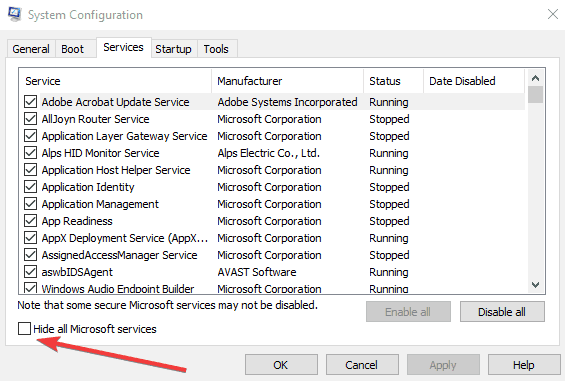 Ocultar todos los cuadros de servicios de Microsoft