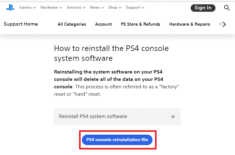 archivo de reinstalación de la consola PS4